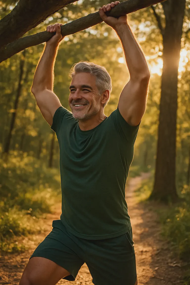 Mature man exercising outdoors in nature, symbolizing natural approaches to healthy aging for men over 40.