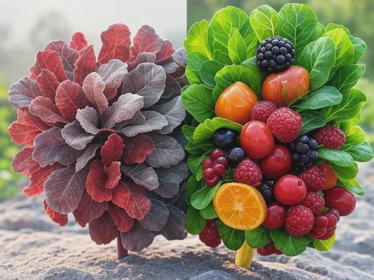 A colorful array of anti-inflammatory foods including leafy greens, berries, fish, and nuts