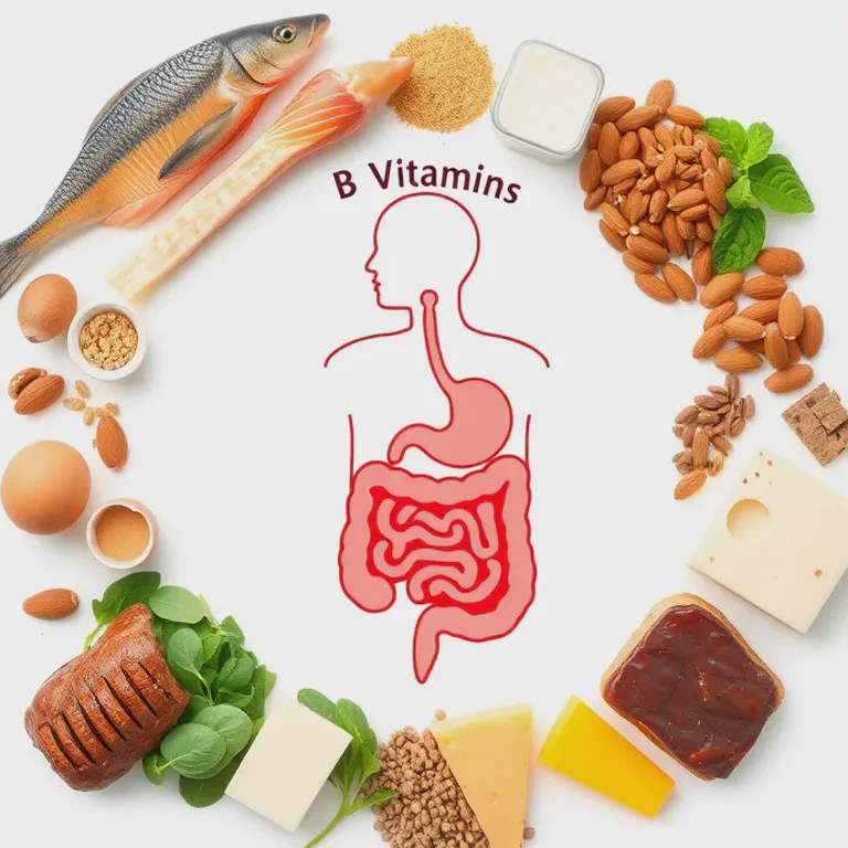 Various B vitamin-rich foods surrounding a diagram of the digestive system and immune cells