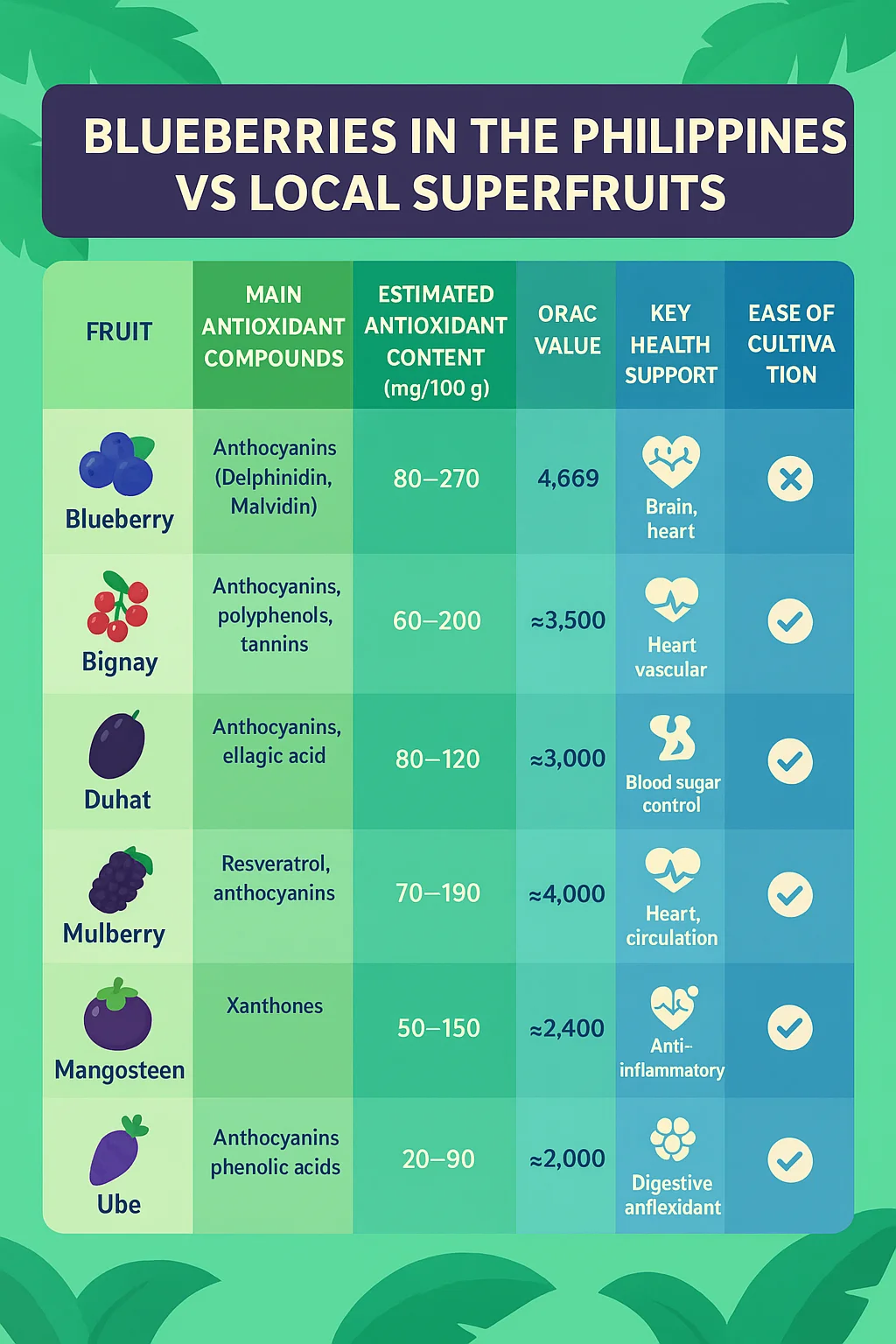 Comparison of blueberries with Philippine superfruits showing antioxidant content and health benefits