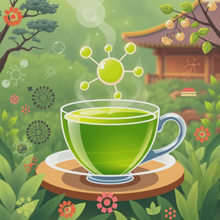 A cup of green tea with tea leaves and a chemical structure of EGCG molecule