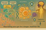 A graphic illustrating the connection between a healthy gut microbiome, cellular health, and longevity