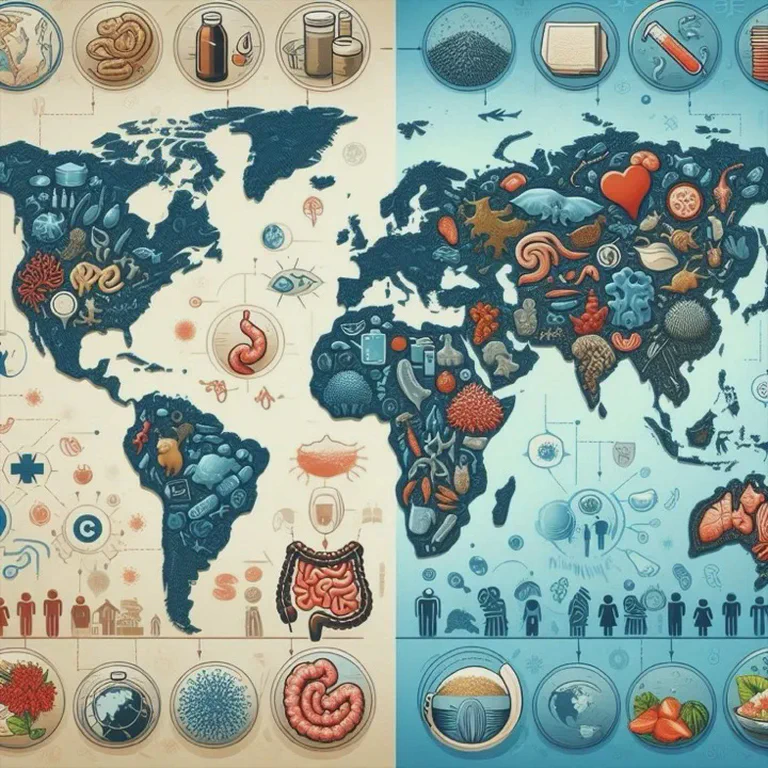 Illustration of the human digestive system with microscopic view of gut bacteria and global map