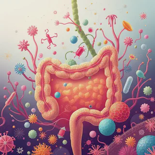 Illustration showing the gut microbiome's influence on cancer cells