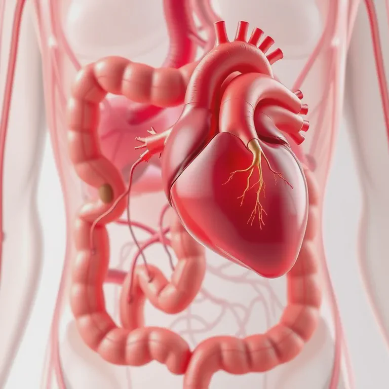 Heart and gut connected by a glowing strand representing the gut-heart axis