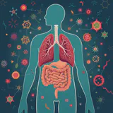 Illustration of the gut-lung axis with microbes traveling between the two organs