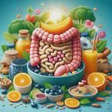 Illustration of the gut absorbing various vitamins and minerals