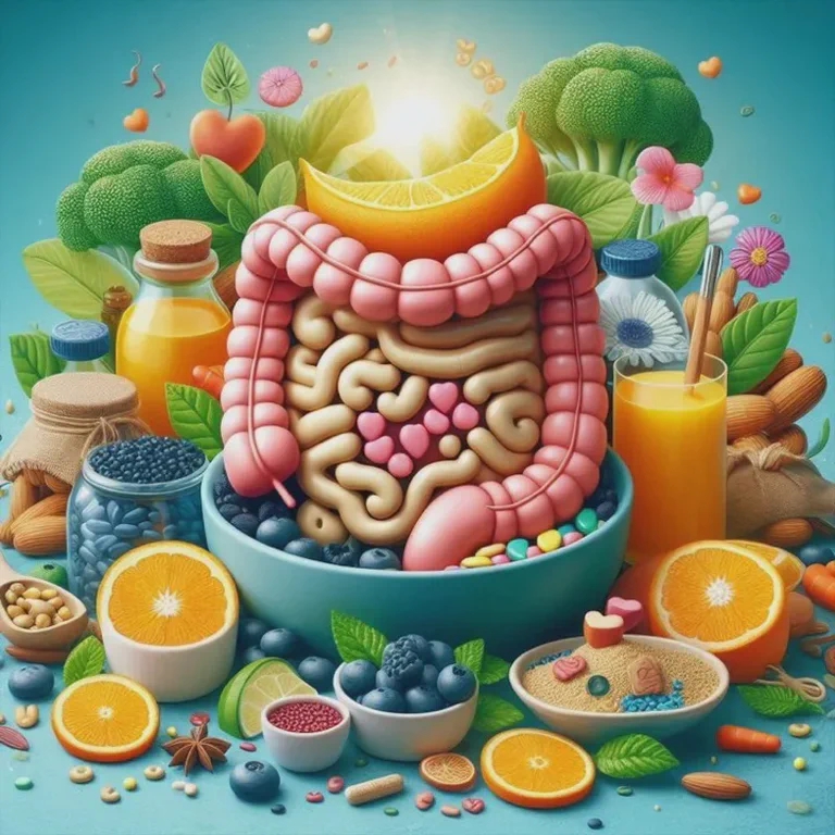 Illustration of the gut absorbing various vitamins and minerals