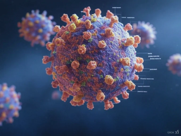 Microscopic visualization of coronavirus structure with scientific overlay
