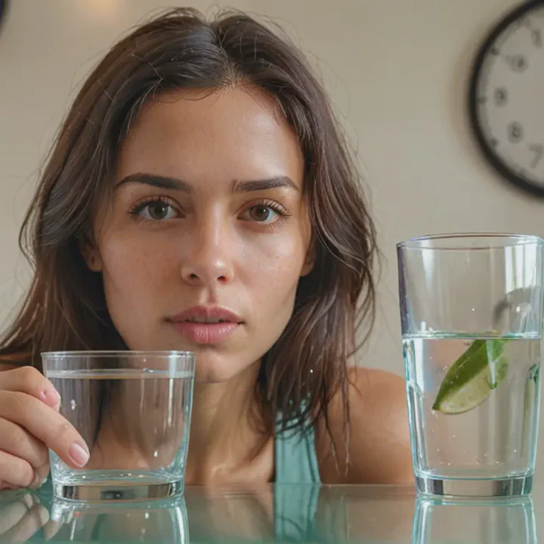 Woman drinking water during intermittent fasting with a clock showing fasting window