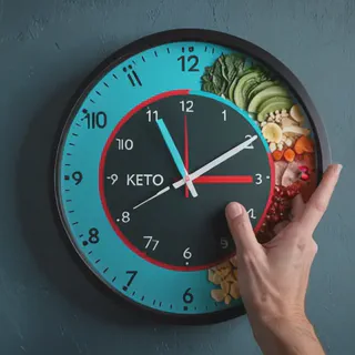 Clock showing fasting window with healthy foods and warning signs representing common fasting mistakes