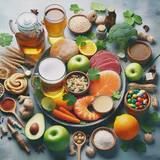 A spread of traditional Irish foods including soda bread, seafood, root vegetables, and a pint of stout