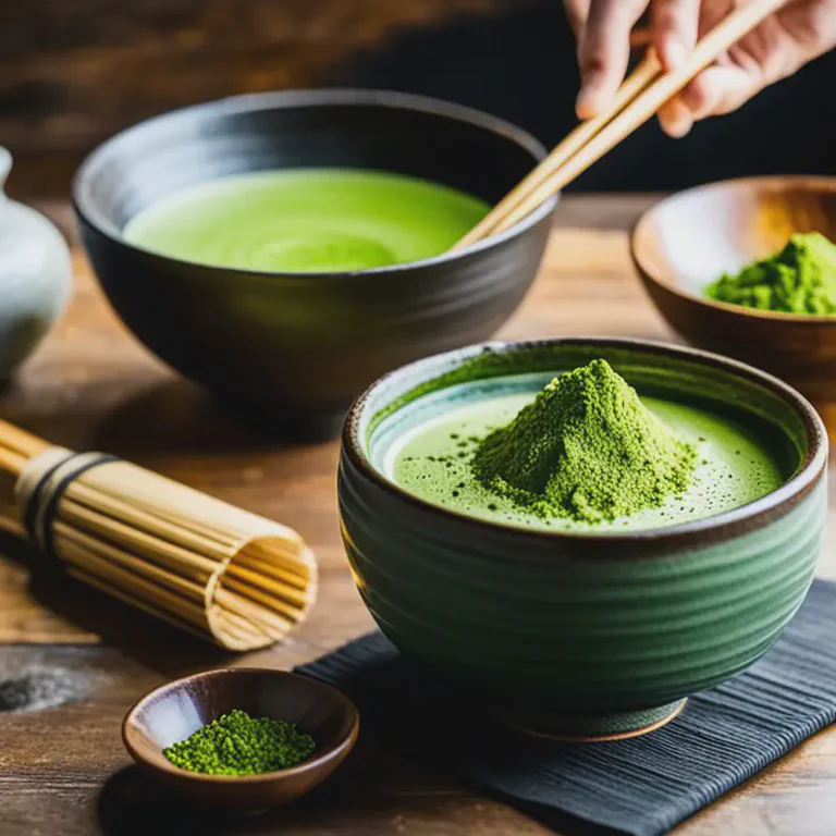 Ceremonial grade matcha powder being whisked in traditional bowl with bamboo whisk, highlighting its vibrant green color and potential antioxidant benefits