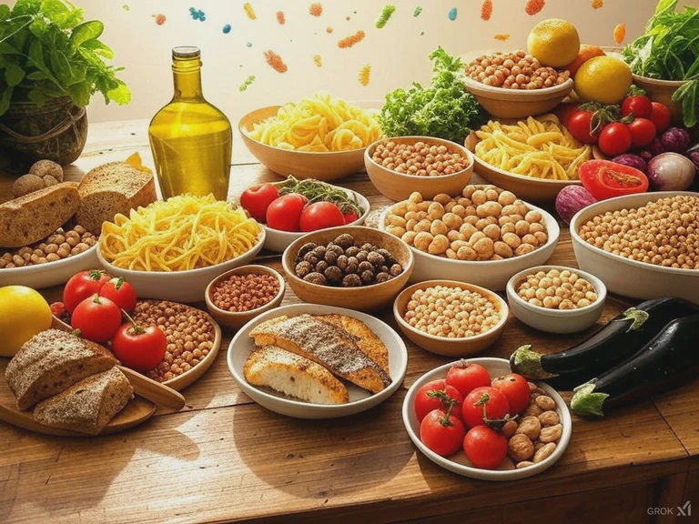 A colorful spread of Mediterranean diet foods including vegetables, olive oil, fish, and whole grains