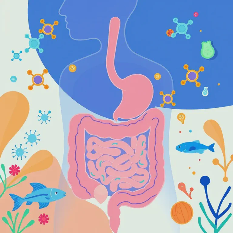 Illustration showing omega-3 fatty acids, gut bacteria, and immune cells