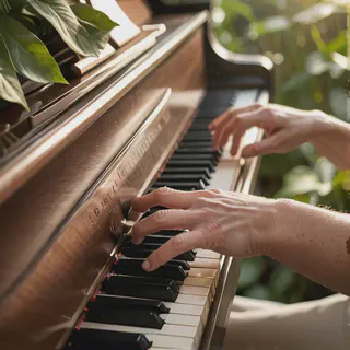 Person playing piano keys, overlaid with brain and gut health imagery, representing the harmonious gut-brain connection through music