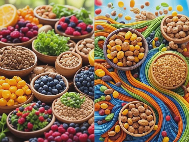 A colorful spread of plant-based foods including fruits, vegetables, legumes, nuts, and whole grains