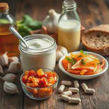 Microscopic view of probiotic bacteria and various probiotic-rich foods