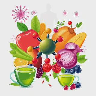 Illustration of quercetin molecule surrounded by fruits and vegetables, with immune cells in the background