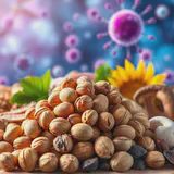 Brazil nuts and other selenium-rich foods with immune cells in the background