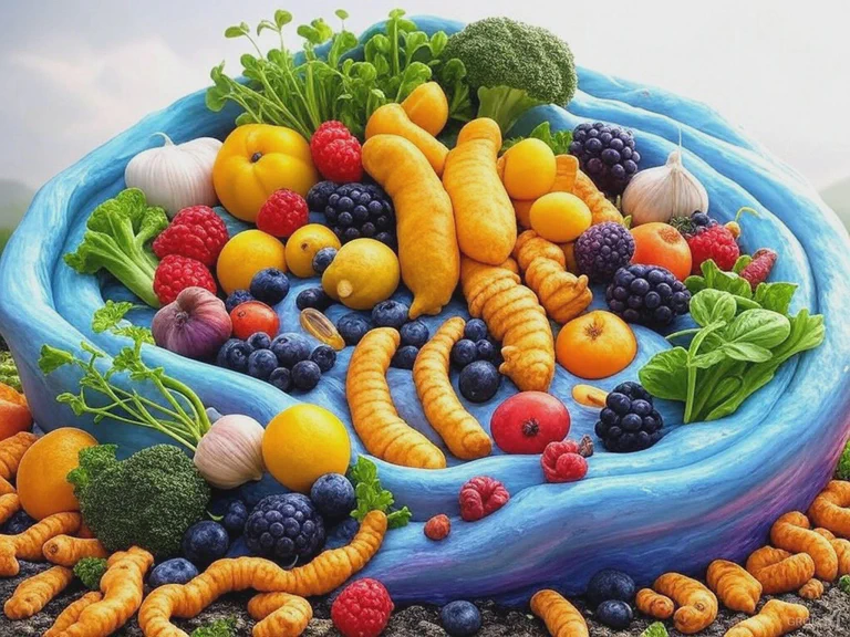 A graphic showing a spike protein interacting with the gut, surrounded by various beneficial foods and supplements.