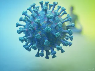 An illustration blending a spike protein with natural remedies, a healthy gut, and cautionary symbols regarding vaccine risks, enhanced with imagery of various vitamins, herbs and natural foods, and a focus on viral evolution.