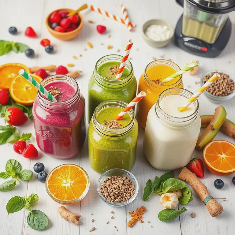 Colorful superfood smoothies in glasses with ingredients scattered around