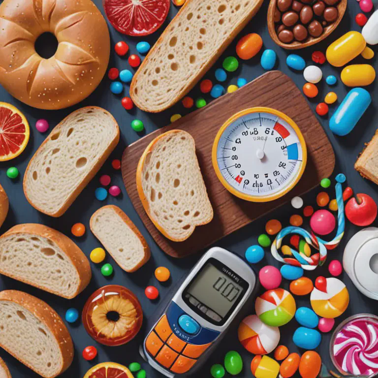 Various foods that negatively impact blood sugar levels arranged around a glucose meter