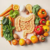 Colorful fruits and vegetables rich in Vitamin A surrounding a diagram of the gut lining