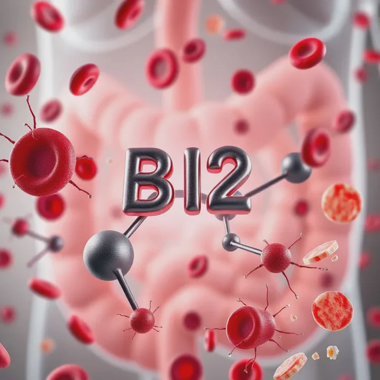 Vitamin B12 rich foods and a diagram showing its impact on gut, brain, and immune cells