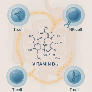 Vitamin B12 molecular structure with immune cells in background, highlighting the connection between B12 and immune function