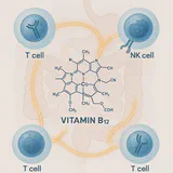 Vitamin B12 molecular structure with immune cells in background, highlighting the connection between B12 and immune function