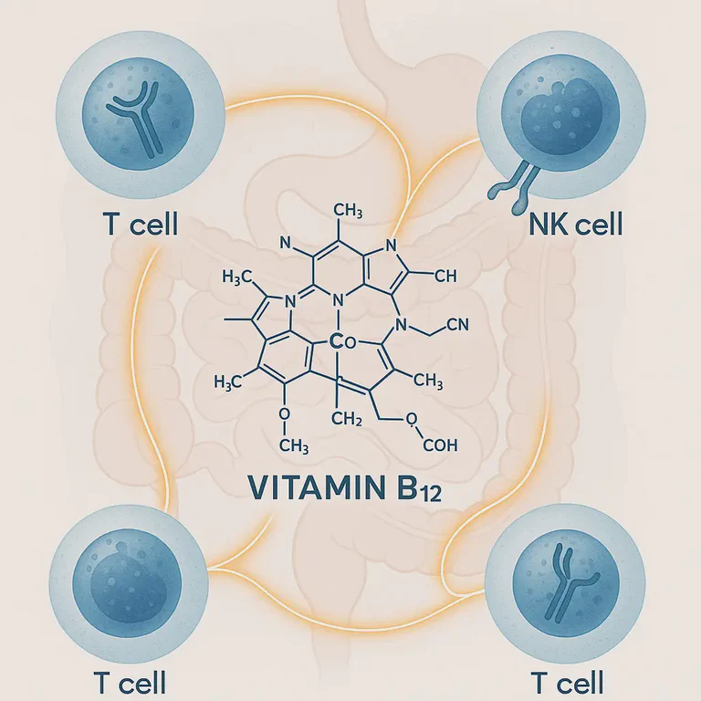 Vitamin B12 molecular structure with immune cells in background, highlighting the connection between B12 and immune function