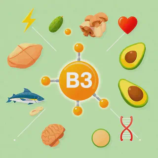Vitamin B3 rich foods and a diagram showing its impact on digestion, energy production, and immune cells