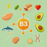 Vitamin B3 rich foods and a diagram showing its impact on digestion, energy production, and immune cells