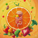 Various Vitamin C rich foods surrounding an illustration of the gut and immune cells