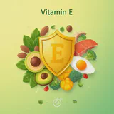 Various Vitamin E rich foods surrounding a shield symbol, representing its protective properties