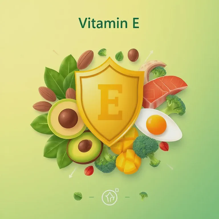Various Vitamin E rich foods surrounding a shield symbol, representing its protective properties