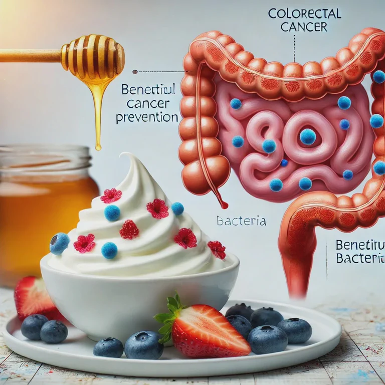 A bowl of yogurt with berries and a spoon, alongside a graphic of the digestive system